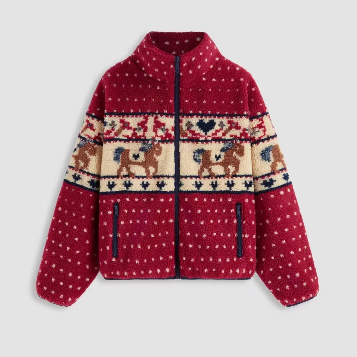 

Women's New Autumn Winter Loose Fleece Coat Christmas Elk Snowflake Print Long Sleeve Zipper Pockets Warm All Match Outerwear