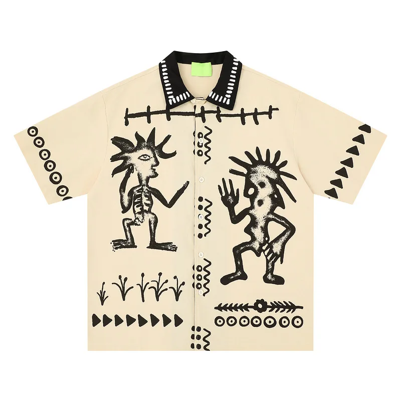 Cotton Retro Ethnic Style Contrasting Color Lapel Original Totem Print Loose Short-sleeved Shirt Men