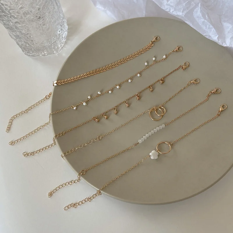 6 PCS Different Style Bracelet Leaf Gold/White Bead Charm Gold/Silver Color Chain Bracelet Women\'s Elegant Stackable Jewelry