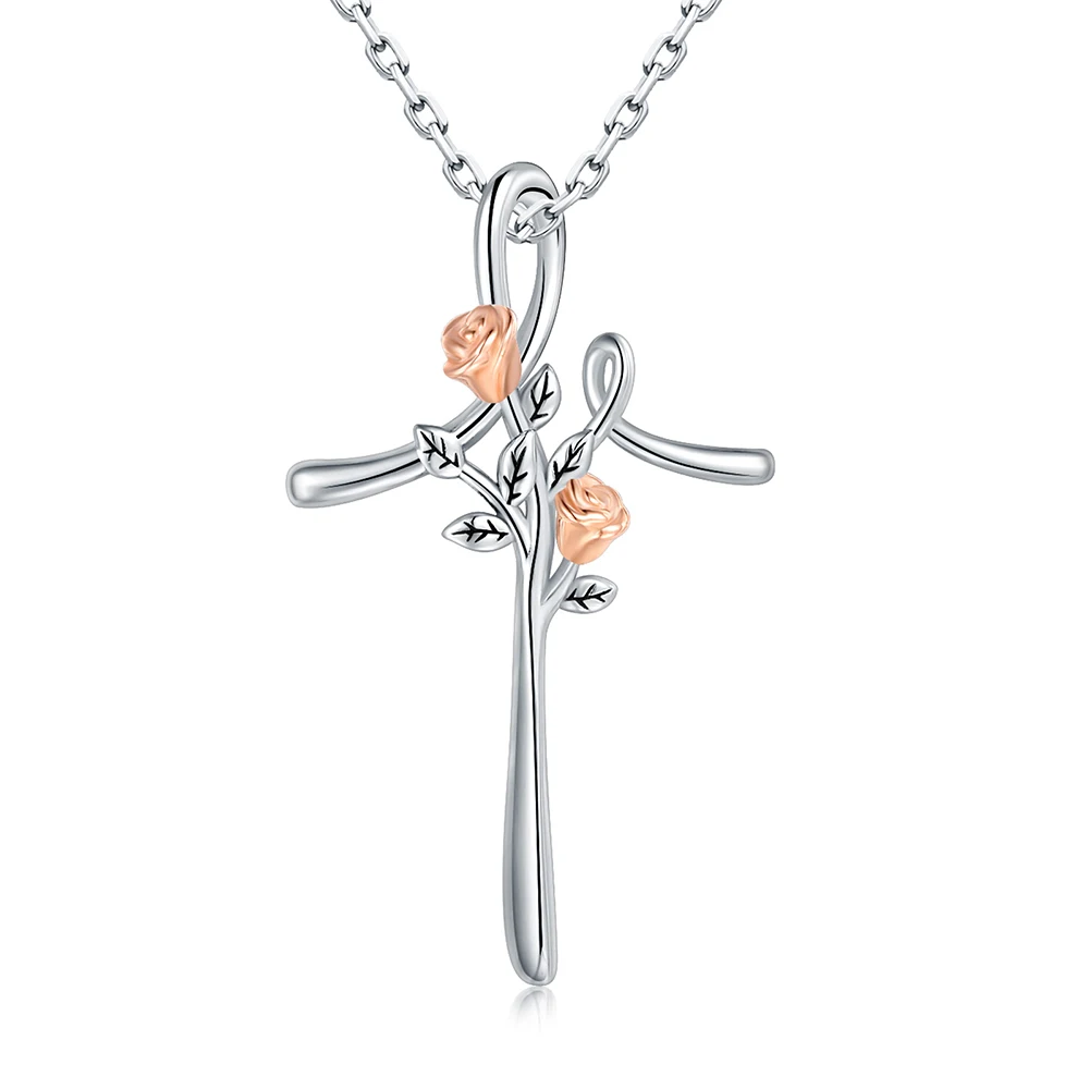 

925 Sterling Silver Cross Necklace Rose Flower Christian Pendant Inspirational Religious Jewelry Gifts for Women Friend Daughter