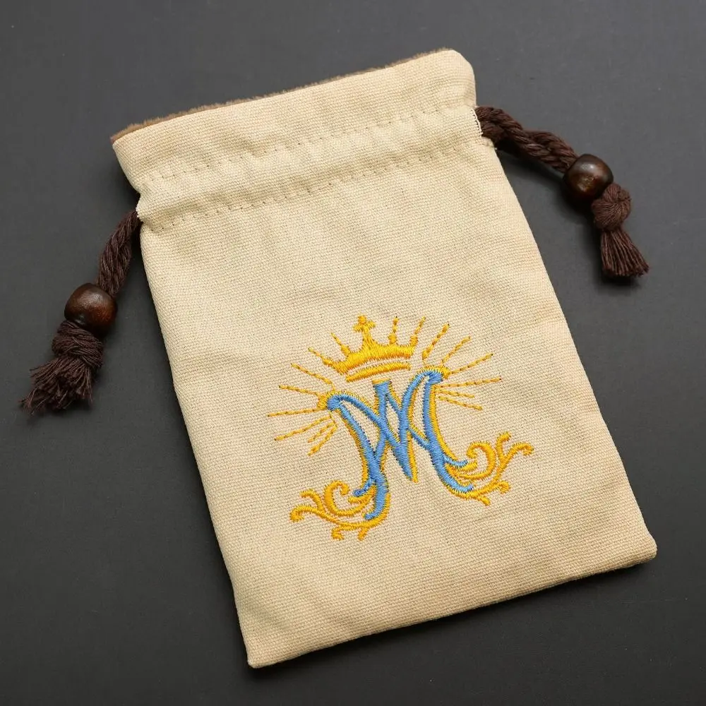 Ave Maria Monogram Catholic Rosary Drawstring Pouch Cotton Canvas Reusable Embroidered Rosary Holder Durable Soft Lined
