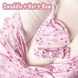UOOPOO Personalized Name Hearts Baby Pillow Cover Set, Swaddle Blanket Set, Baby Hat, Bow and Baby Swaddle