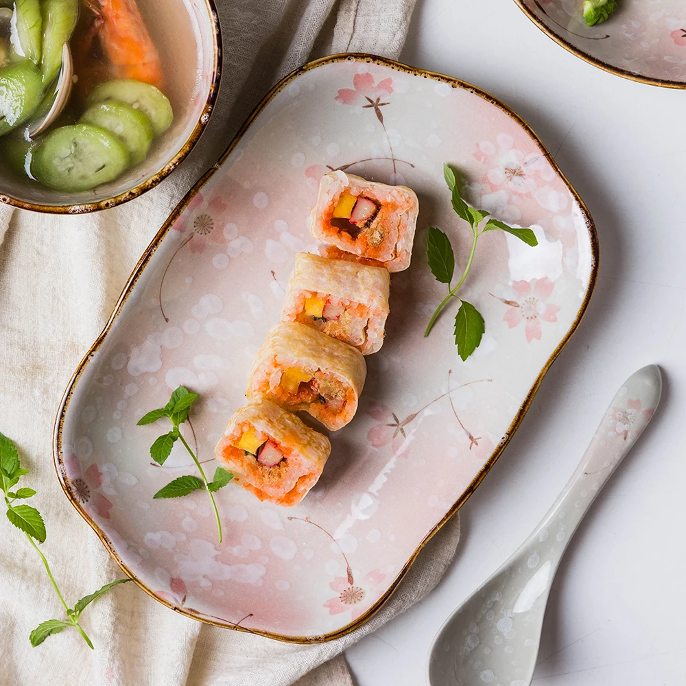 Japanese Rice Salad Soup Bowl Dessert Pasta Bowl Steak Plate Serving Baking Dish Cherry Blossom Hand-painted Ceramic Tableware