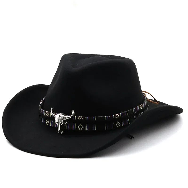 

Men Handsome Style Autumn and Winter Western Cowboy Hats with Cow Head Band Wide Brim Hat Pop Jazz Hat Men Head Accessories Caps