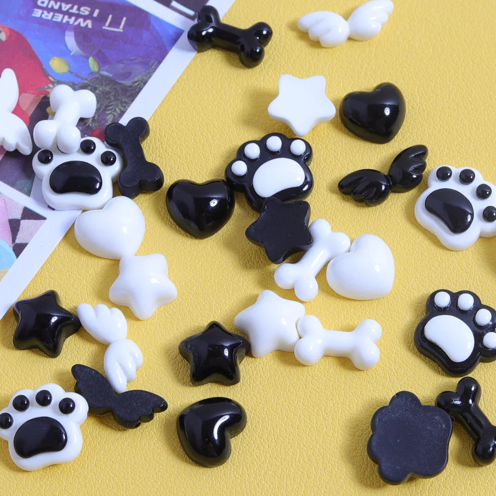 20Pcs Kawaii Black White Cat Paw Bone Flatback Resin Cabochon Scrapbooking Crafts Hair Bows Center Accessories DIY Decoration