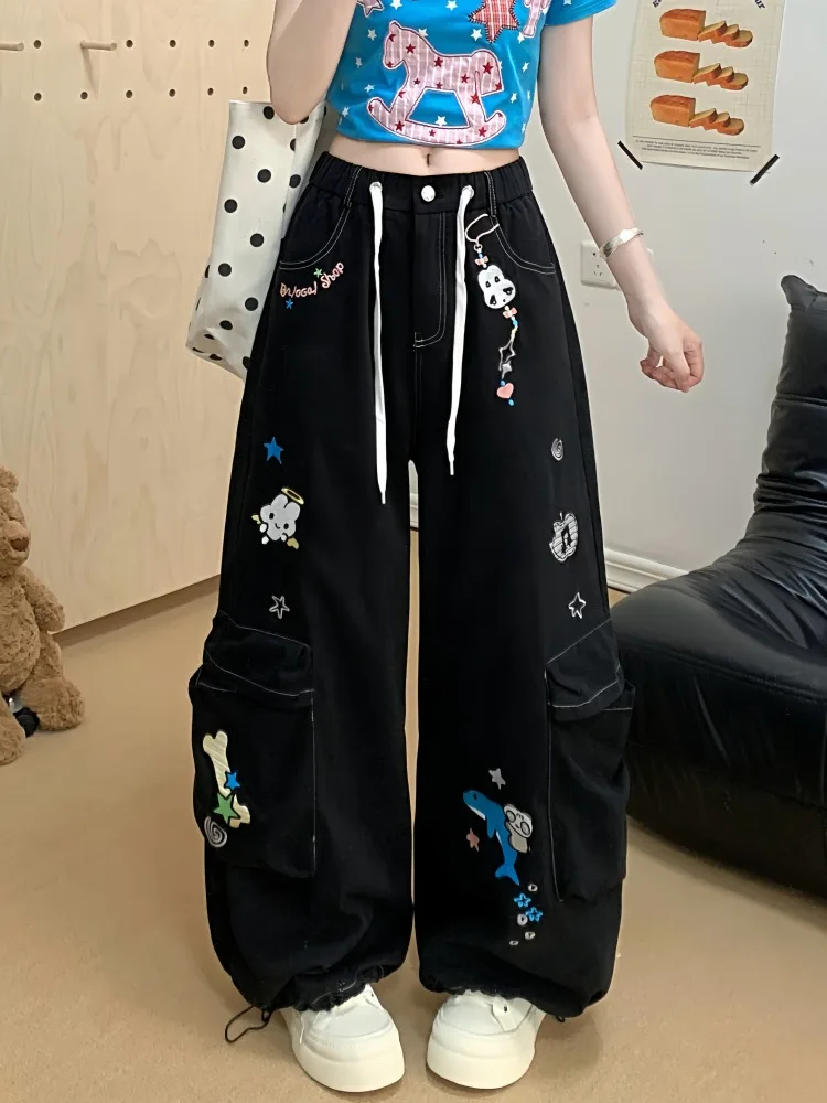 

White Cartoon Embroidery Casual Pants Women's Summer New Sweet Girl Loose Drapey Straight Leg Wide Leg Workwear Trousers