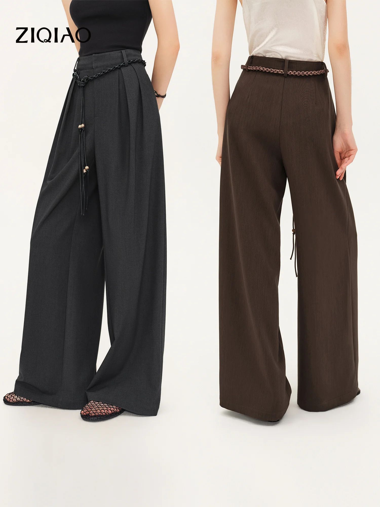 ZIQIAO 2026 Fall Women's Chic Draped Wide Leg Casual Pants - Relaxed Floor-Length Style for Office Commute and Daily Wear