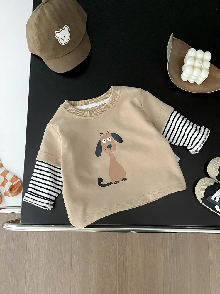 2024 Autumn New Baby Fake 2pcs Long Sleeve T Shirts Infant Boys Cotton Tops Toddler Girls Cartoon Print Casual Bottoming Shirts