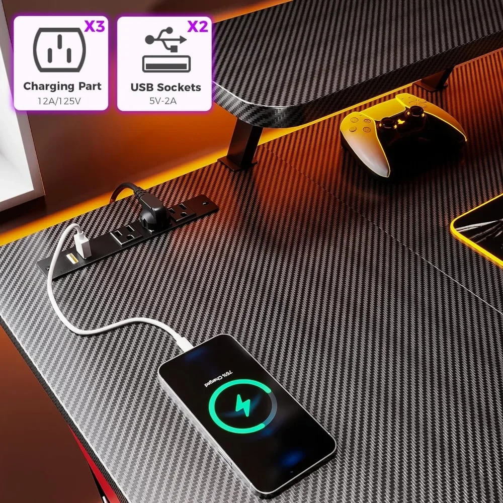 L Shaped Gaming Desk with LED Lights & Power Outlets, Gaming Computer Desk 47inch with Storage Shelf