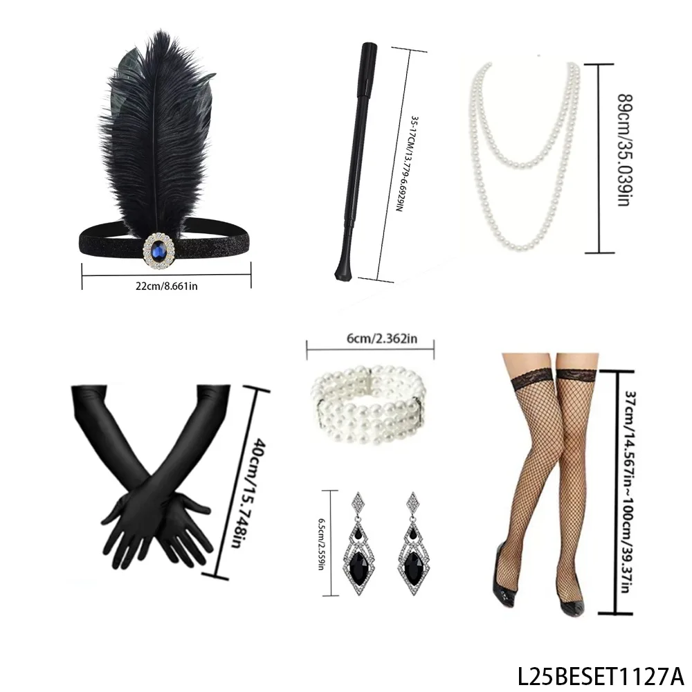 PESENAR 1920s Vintage Black Feather Set Headband Pearl Jewelry Gloves Stockings  Cigarette Holder  Luxury Party Accessories
