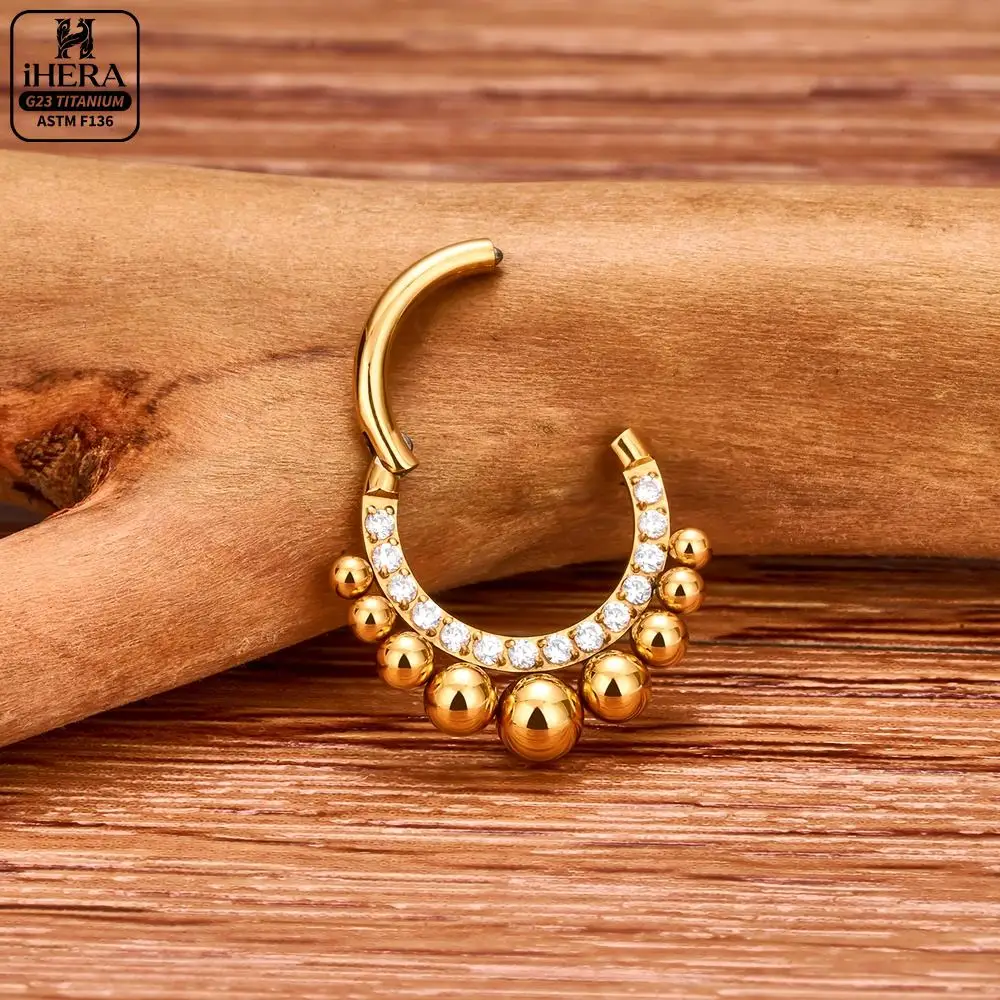 ASTM F136 Titanium Luxury CZ Inlaid Hinged Segment Ring Round Hoop Daith Helix Septum Piercing Jewelry Clicker Nose Ring Set view 5