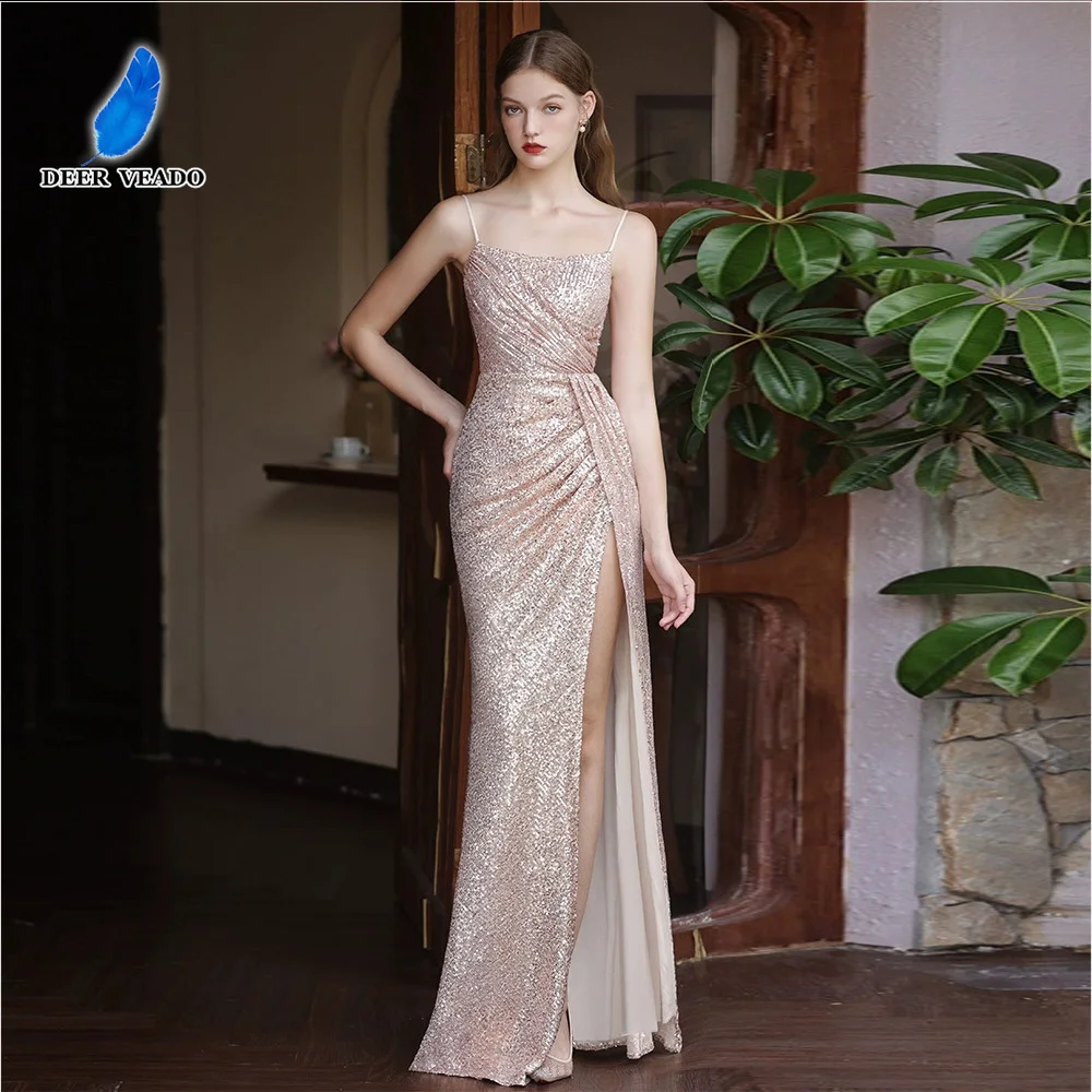 

DEERVEADO 9-цветные сексуальные вечерние платья с высоким разрезом для женщин, свадебное платье на бретельках, платья для выпускного вечера, вечернее платье с блестками, гала-концерт