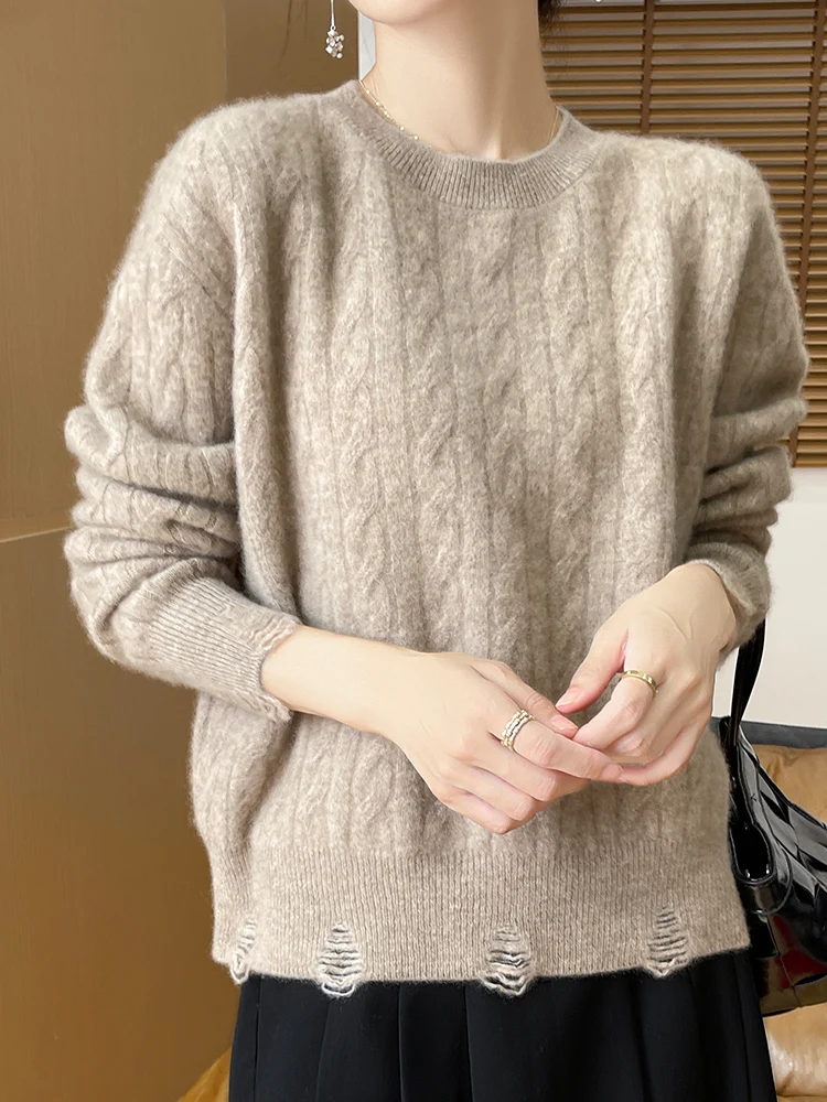 Women Cable Knit Sweater 100% Merino Wool Knitwear O-neck Preppy Style Long Sleeve Pullover Autumn Winter Cashmere Sweater Tops