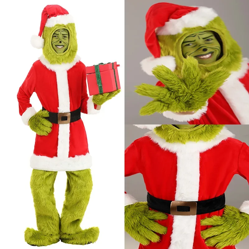 Kostüm Weihnachtsmann-Anzug für Erwachsene, Herren und Damen, 8 Stück, Deluxe, pelzig, grün, Riesenmonster, Kind, Halloween-Outfit, Urlaub, Cosplay