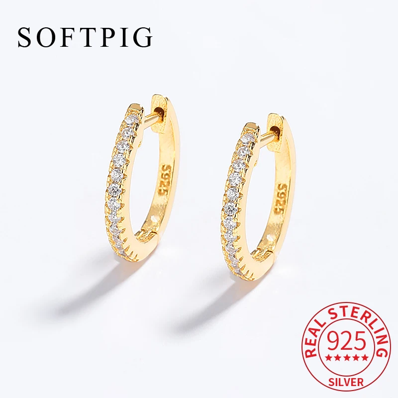 SOFTPIG Real 925 Sterling Silver Official-website Zircon Round Hoop Earrings for Women Classic Fine Jewelry Charms Accessories