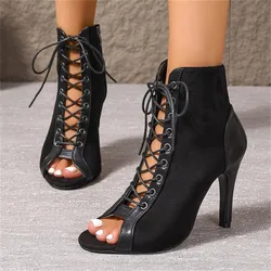 Large Size 35-43 Women Cut-Outs Cool Boots Cross Straps Ladies Leather Boots Peep Toe Sexy High Heels Woman Party Sandals Silver