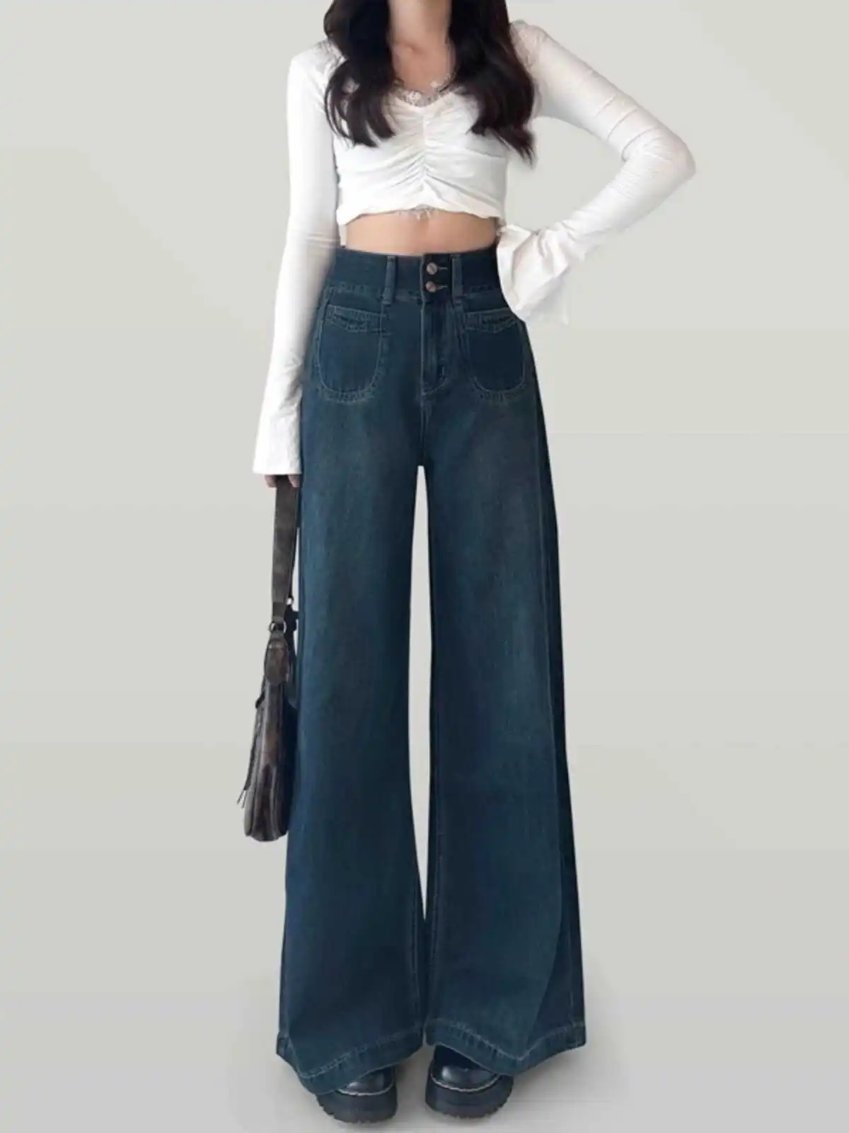 

Retro High Waist Wide Leg Denim Jeans Women's Initial Autumn New Hip Covering Design Loose Slimming Drapey Straight Leg Pants