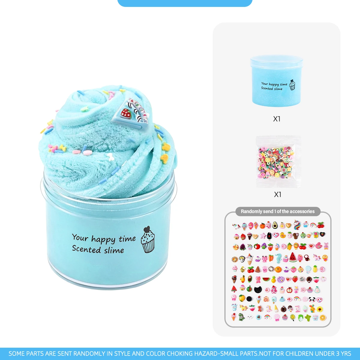 1PC Light Blue Fruit Scented Fluffy Cloud Slime Random Strawberry Charms Kids DIY Stress Toy.