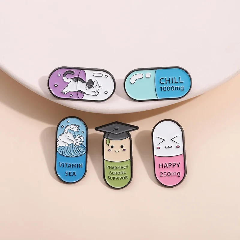 Cute Vitamin Sea Happy Chill Pills Enamel Pins Pharmacy School Survivor Lapel Badge Decorative Metal Brooch For Medical Students