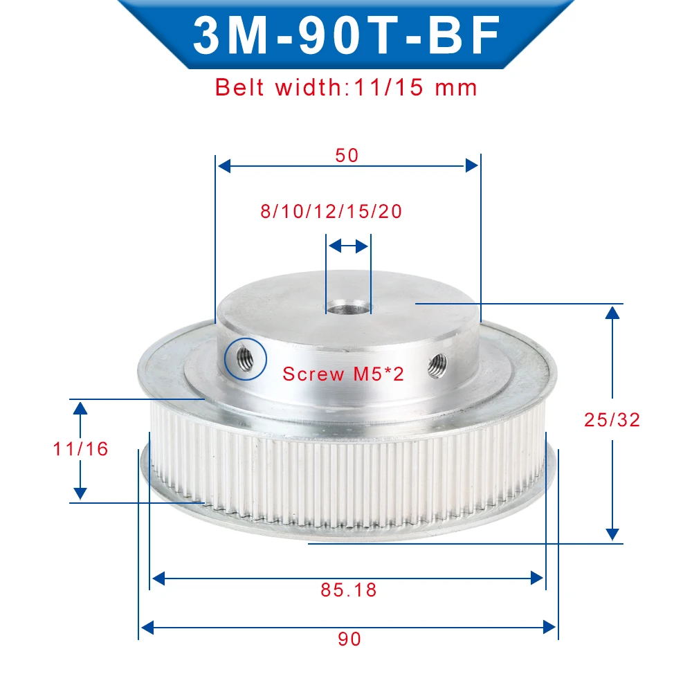 Timing Pulley 3M-90T Circular Arc Tooth Bore Size 8/10/12/15/20 mm Aluminum PulleyBF Shape For 3M Timing Belt Width 10/15 mm