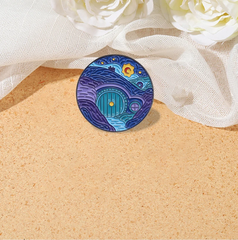 Night Sky Oil Painting Enamel Pins Custom Distorted Night Scene Brooches Lapel Badges Clothes Punk Jewelry Gift for Friends