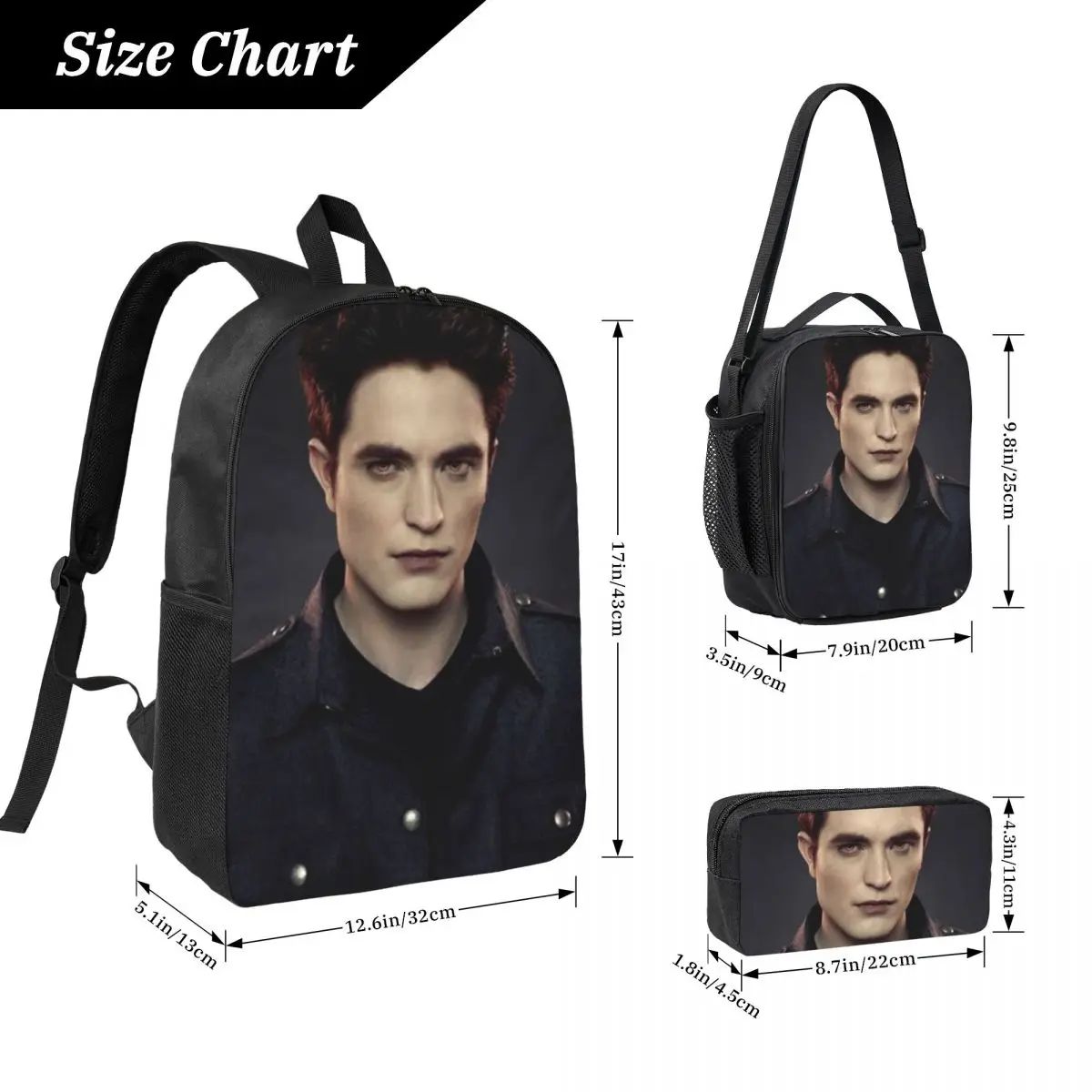The Twilight Saga Edward Cullen Backpack Student BookBag School Bag Computer Shoulder Bags 3ps Insulated Lunch Bag Pencil Case