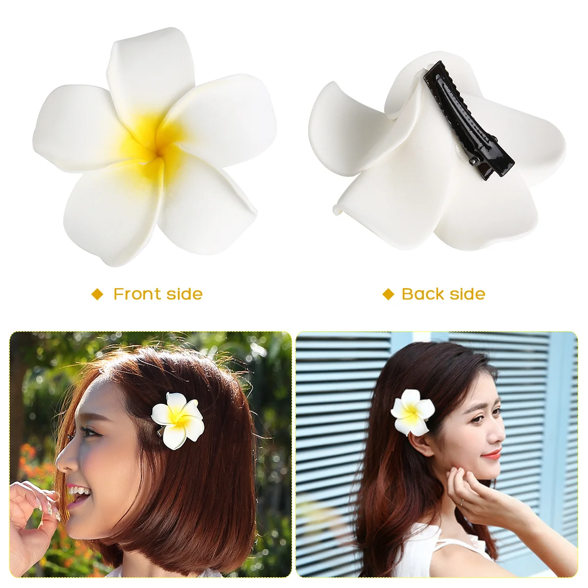 FRCOLOR 10 Uds 7cm pinza para el pelo de flor hawaiana horquilla simulación huevo tocado de flor para fiesta Luau en la playa (blanco con amarillo)