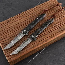 Damascus Folding Knife Shredded Carbon Fiber Handle Pocket Knife Outdoor Defense Knife Camping Portable Fruit Knife