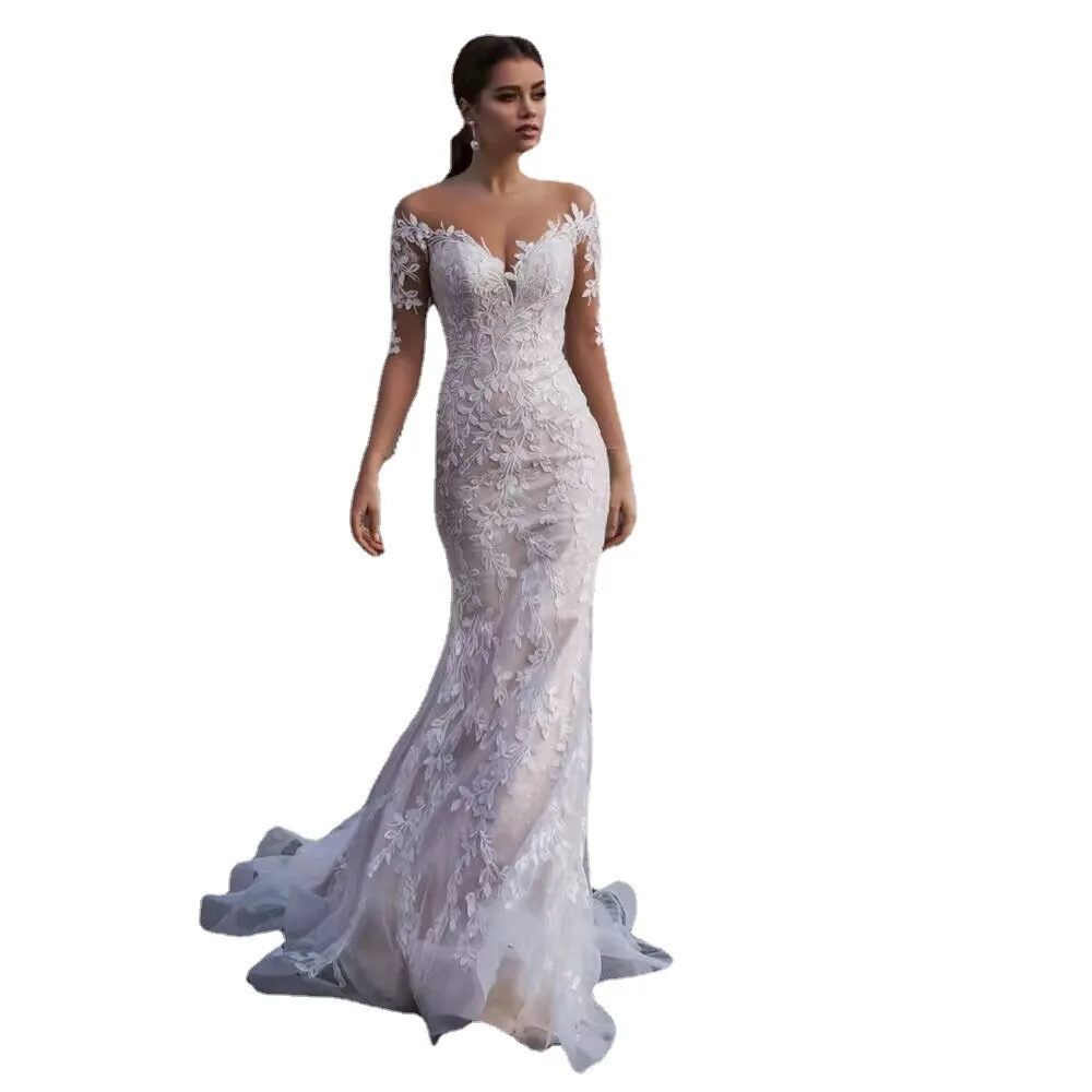 Abiti da sposa Abito da sposa classico da spiaggia stile sirena Abito da festa Boho Abito di lusso con bottoni posteriori 2025 Personalizzato di alta qualità