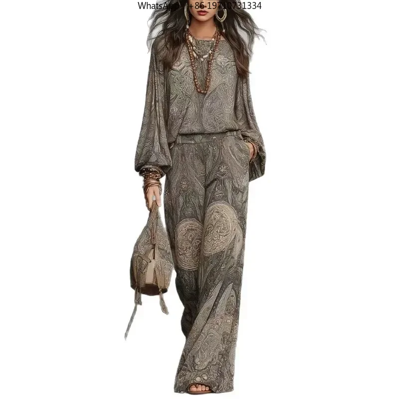 Women Boho 2 Piece Matching Set Vintage Paisley Print Long Sleeve Blouse High Waist Wide Leg Pants Casual Vacation Outfit