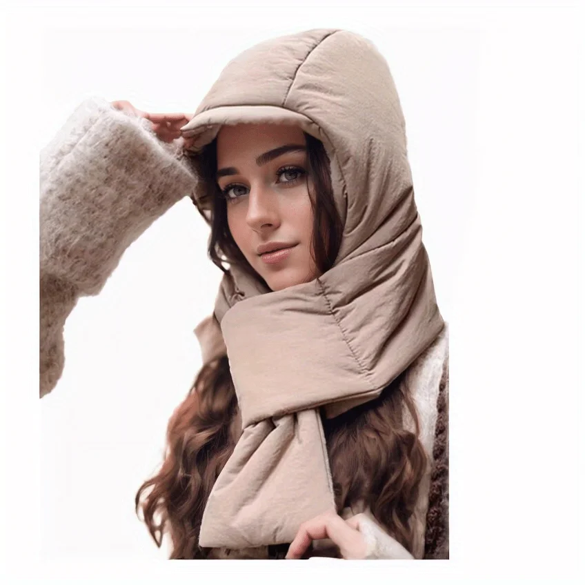 Solid Color Down Cotton Lei Feng Hat Scarf Hat Integrated Cold Proof Thickened Brimless Hat Winter Ear Protection Warmth Cap