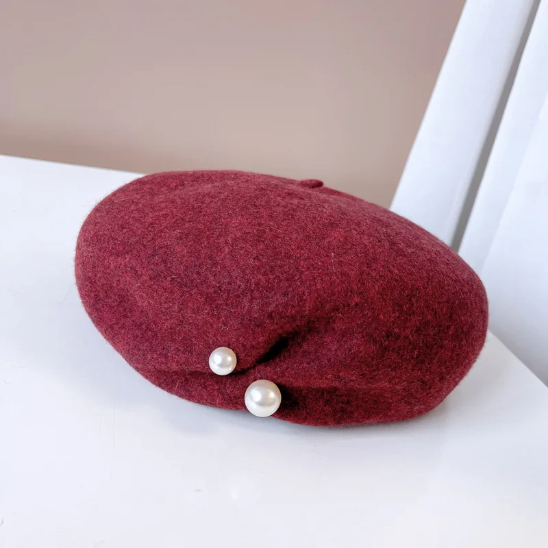 Original high-end Australian wool beret for women Autumn-Winter Warm French pearl button bud hat chic chic painter hat