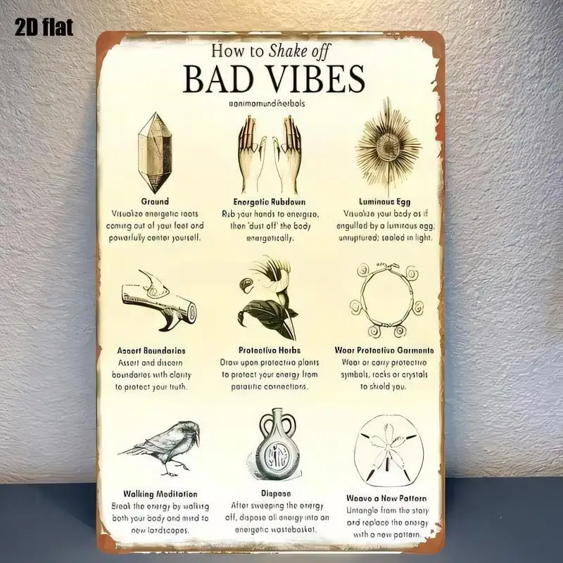 2D Flat How to Shake Off Bad Vibes Vintage Metal Tin Sign - Retro Spiritual Wall Art (Crystal/Hand Symbols), Iron, for Home/Room