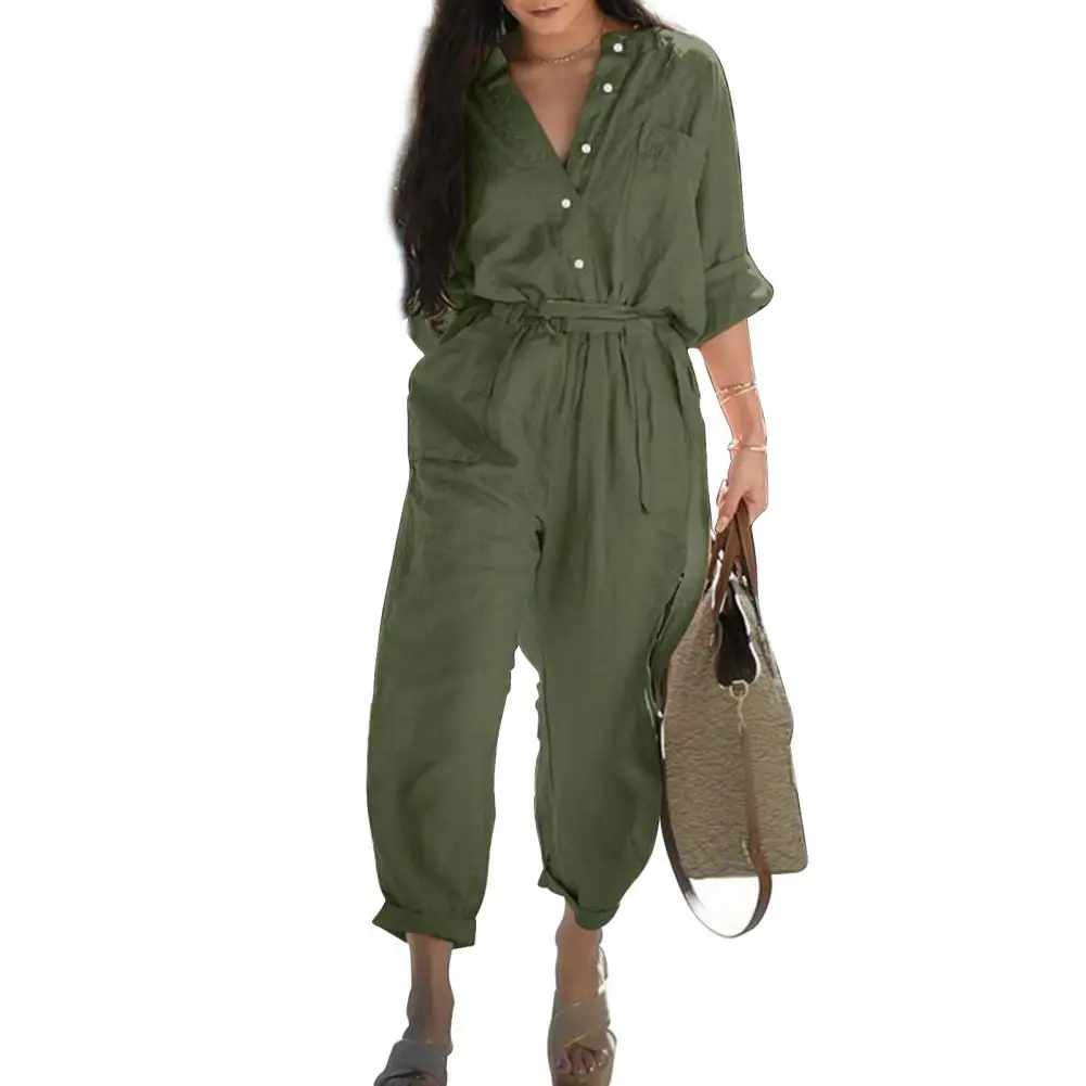 

Casual Overalls For Women Cotton linen Long Sleeve Button Belt Full Jumpsuit Autumn Elegant Workwear Woman One Pieces Jumpsuits