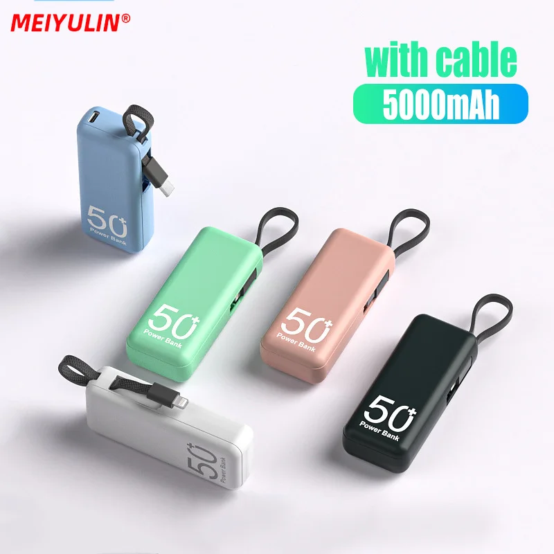 

5000mAh Mini Power Bank Fast Charging Small Powerbank With Type-C Cable External Spare Battery Charger For iPhone Samsung Xiaomi