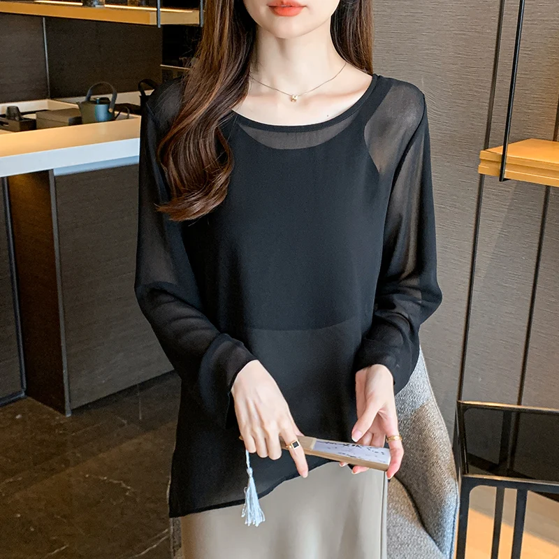 Spring Summer See Through Sunscreen Clothing Women Shirt Chiffon Blouse Solid Color Loose Irregular Long sleeved Top Black White