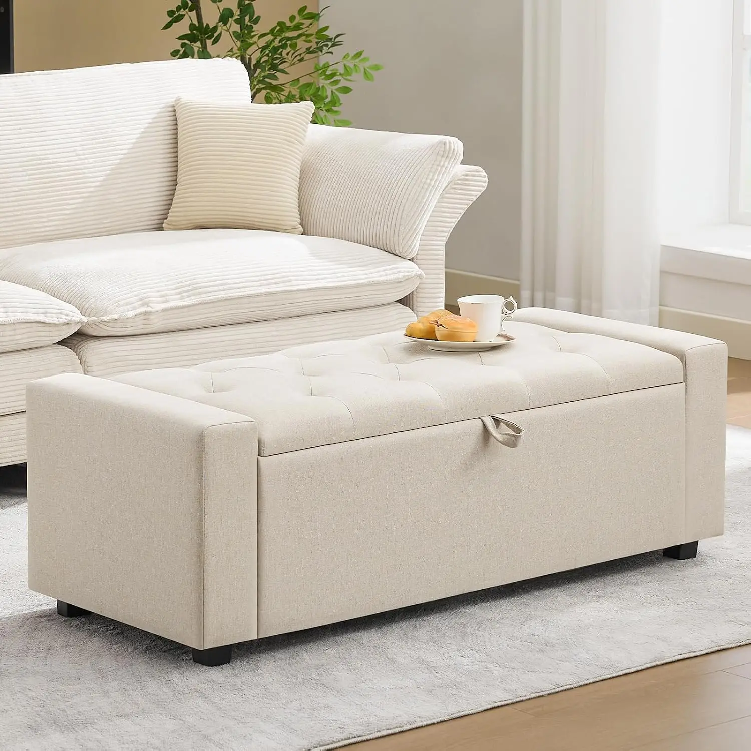 49'' Storage Ottoman Bench Dual Safety Hinges Button Tufted Upholstered Bedroom Entryway Living Room 330lb Beige, Customized