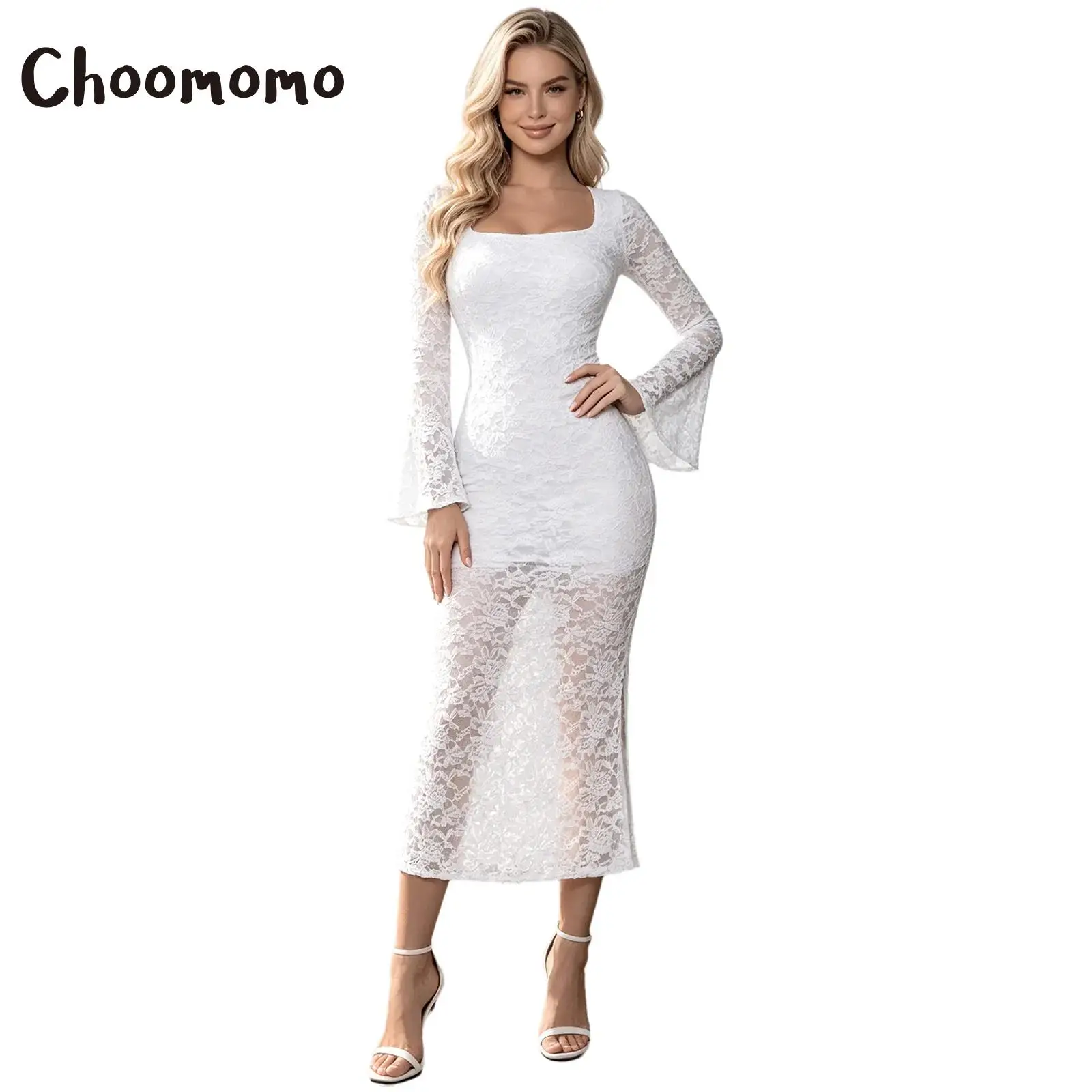 

Womens Floral Lace Bodycon Dress Flared Long Sleeve Split Maxi Dress Elegant Lady Gown Dress for Wedding Guest Cocktail Parties