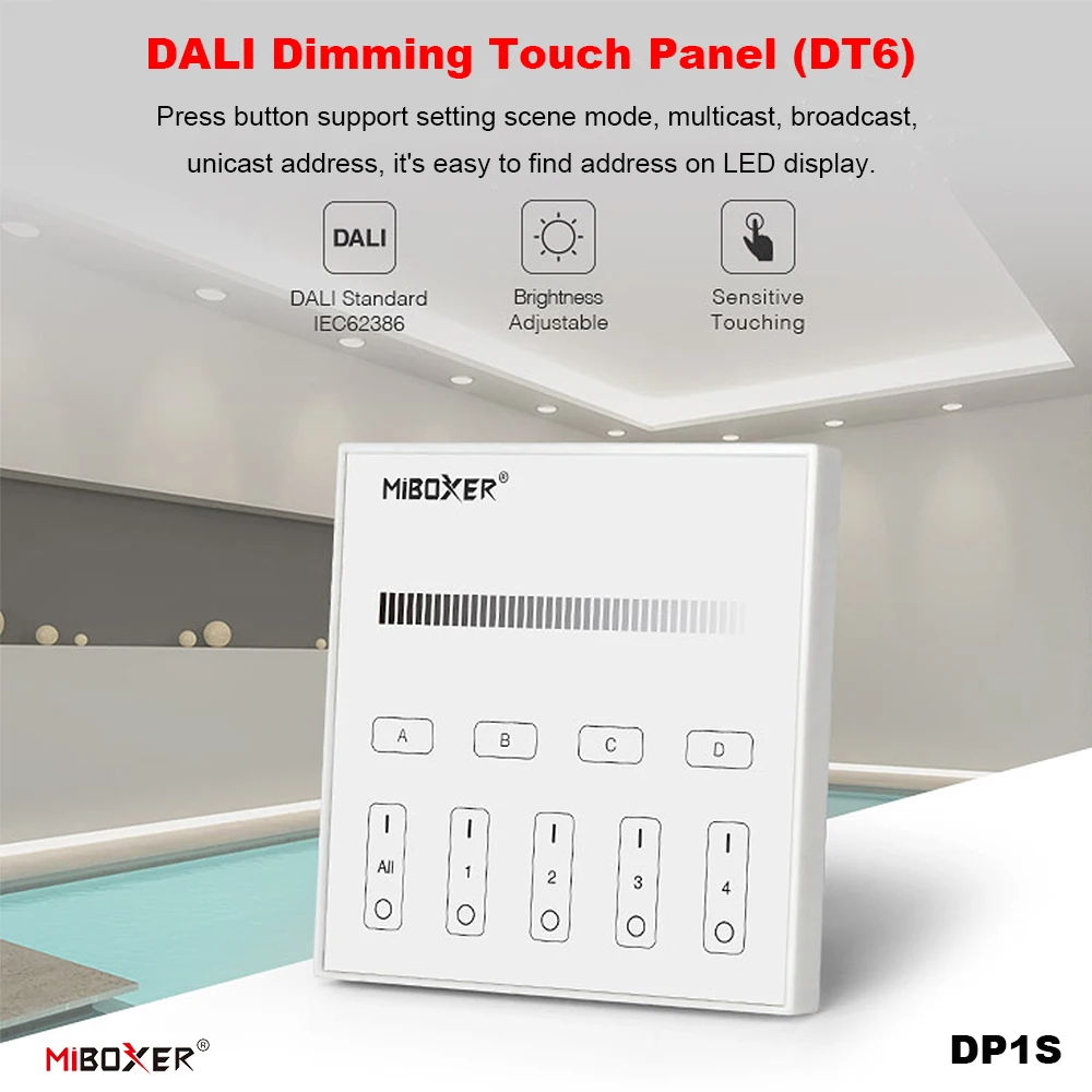 

Miboxer DP1S 86 DALI DT6 Signal DALI Bus Standard IEC62386 Touch 1~100% Single color Dimming Brightness Host Panel
