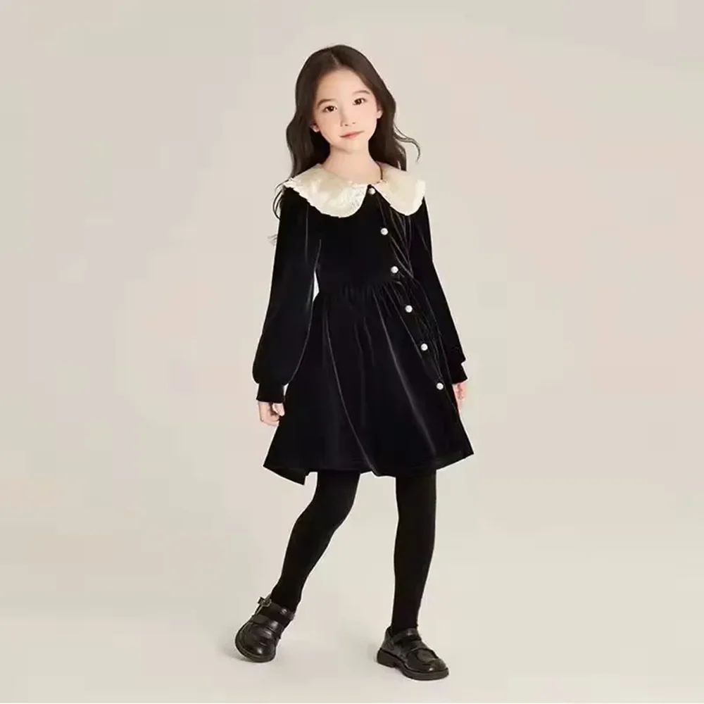 Girls Dress Autumn/Winter Children's Thick Velvet Long Sleeve Princess Dress High-end Fleece-lined Velvet Elegant Black Princes