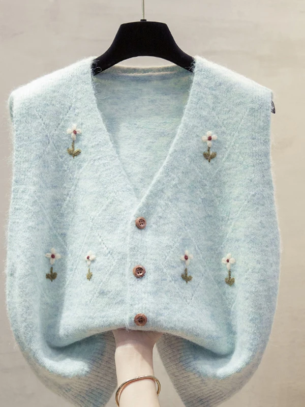 

Artistic Sle Knitted V-Ne Open Cardigan Vest Women's Autumn Winter Embroidered Button European Sle Outerwear Jaet