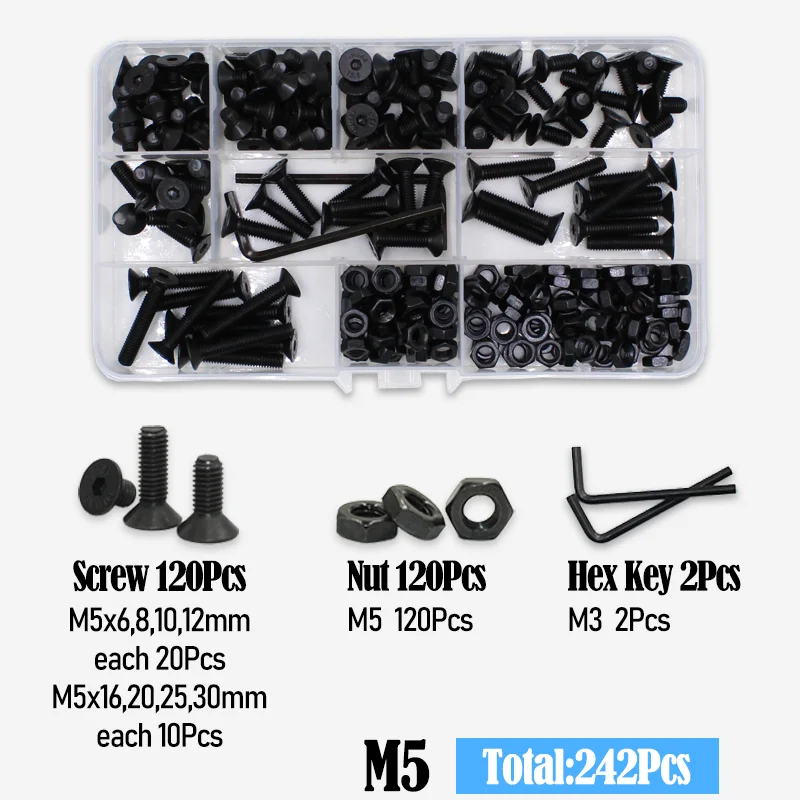 2520 Teile/satz M2 M2,5 M3 M4 M5 M6 Schwarz Grade 10,9 Stahl Sechskant Innensechskant Flache Senkkopf Inbus Bolzen Schraube Mutter Unterlegscheibe Kit – Detail 6