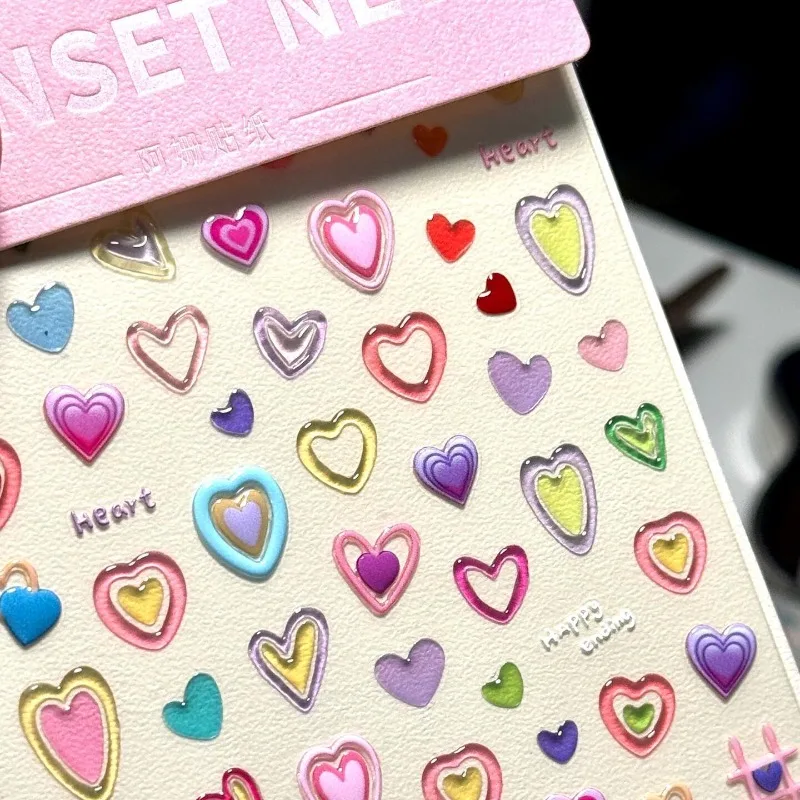 Colorful Dopamine Jelly Scrapbook Stickers 3D Pink Heart Decal Cute Heart Pattern for DIY Journal  Kawaii Nail Decals for Girls image 3
