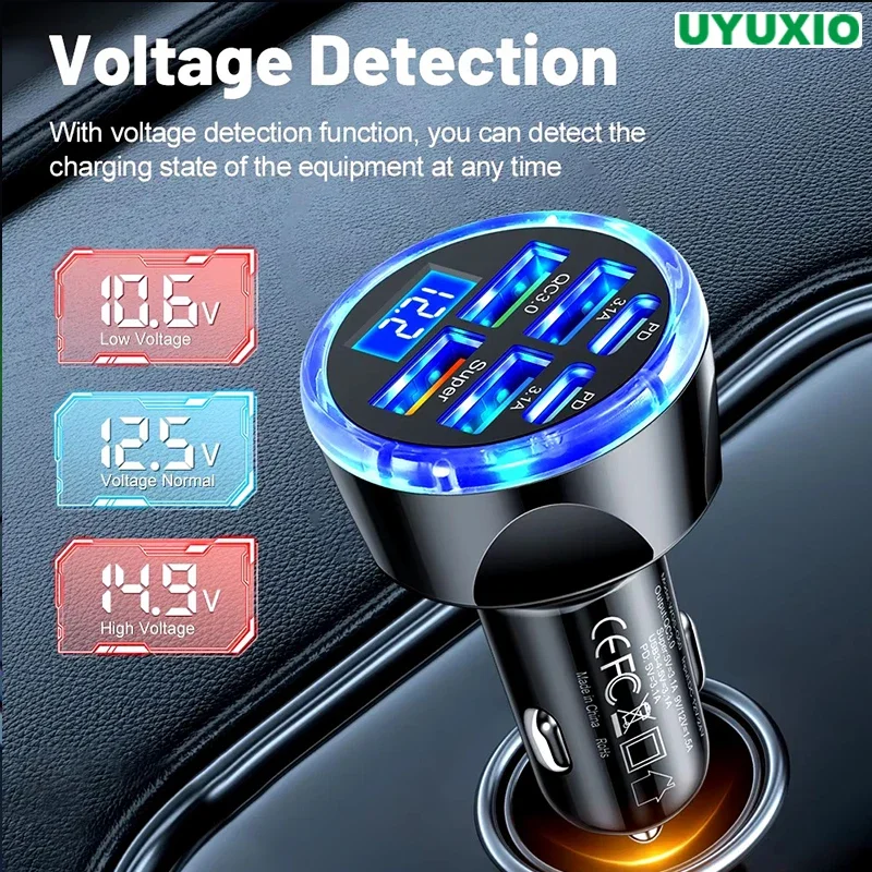 

UYUXIO Multi Port USB C Car Phone Charger Adapter with Voltage Display Super Fast for iPhone 16 15 Pro Max Samsung Oneplus