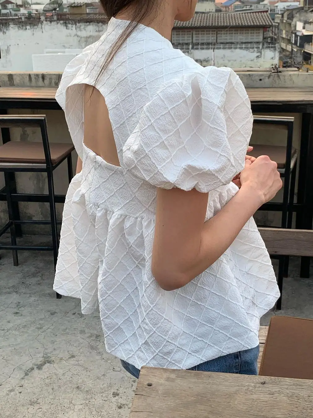 Women's Plaid Texture Strap Vest Backless Bubble Sleeve Set Sweet Youthful Bow Tie Flounce  Fashionable Summer Outfit