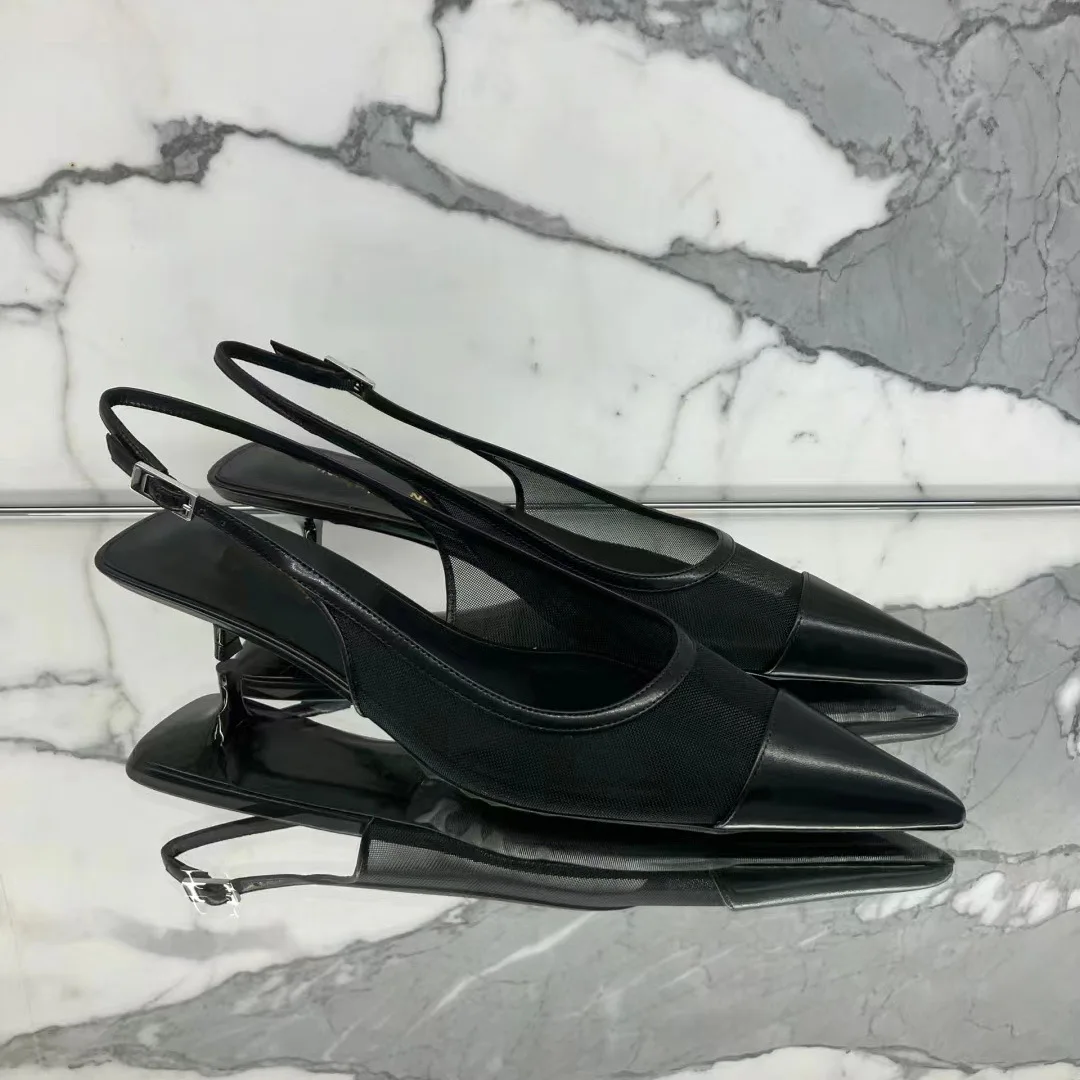 Black satin fine follow-up shoes for women in summer 2026, with a buckle strap and sandals, pointed commuter high heels