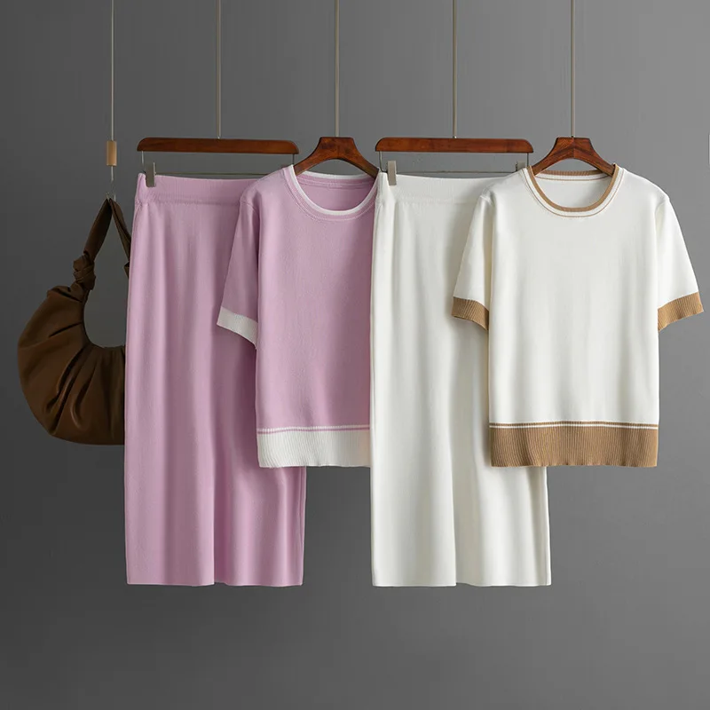

Fashion patchwork short sleeve O-neck knitted T-shirt+elastic waist Midi Skirt 2-piece set casual sets fashion Summer set Women