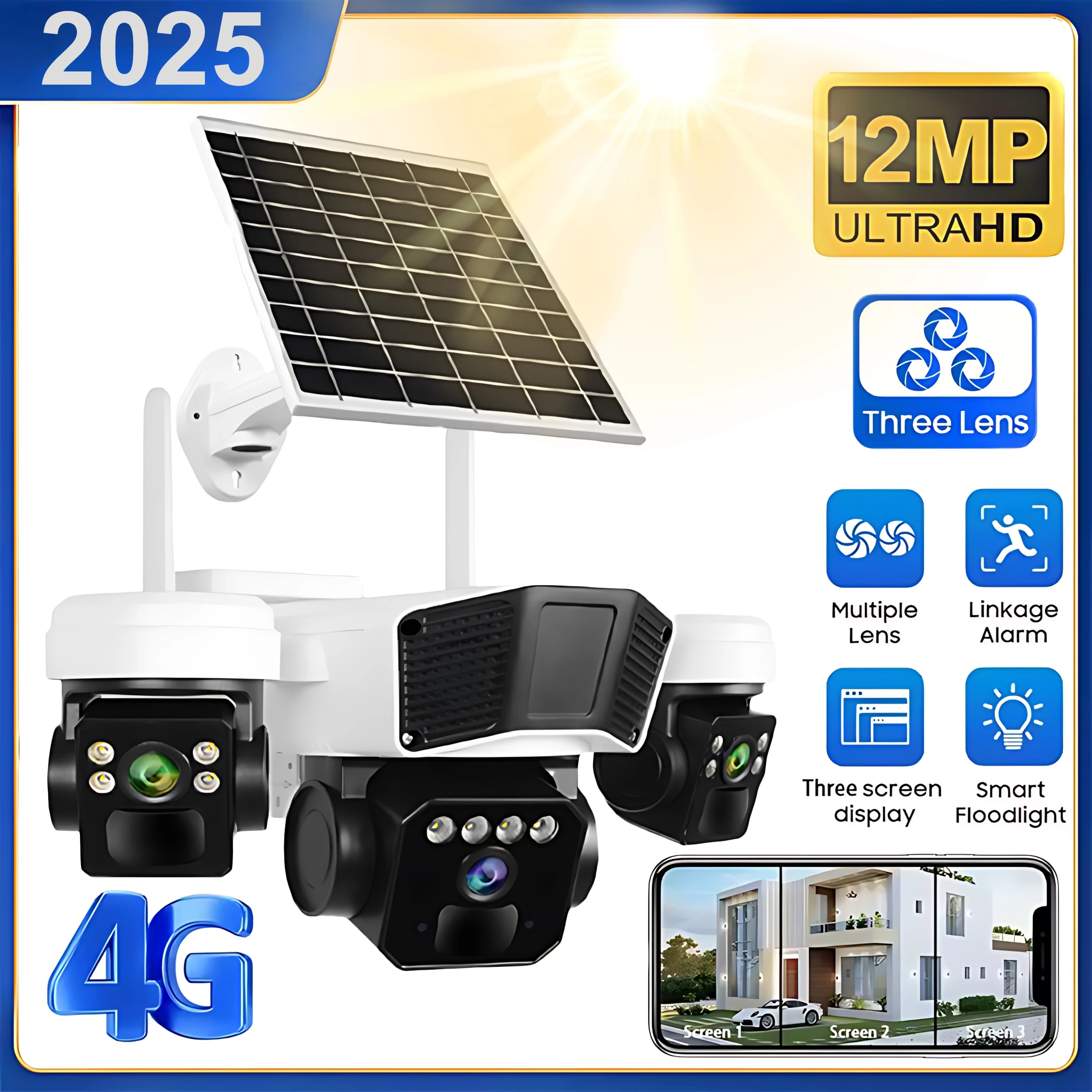 

CCTV 12MP Solar Powered Wireless Surveillance IP 4G Sim Card Camera 6K Three Screen Security Outdoor Solar Waterproof Camera