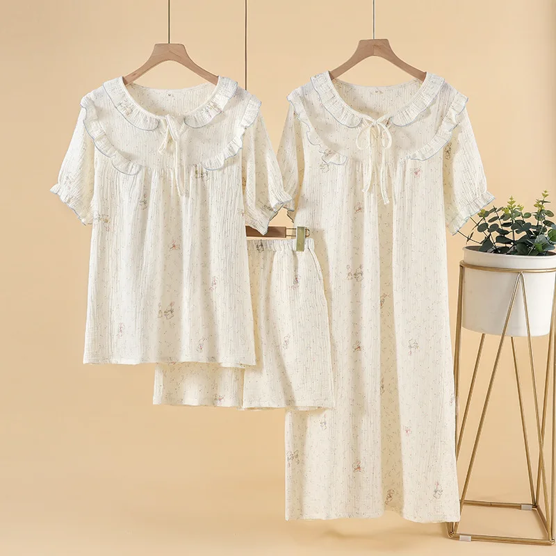 Women's Cotton Crepe Cloth Small Fresh Floral Sweet Home Nightdress Short Sleeve Shorts Pajamas Round Neck Loose Leisure Pijamas