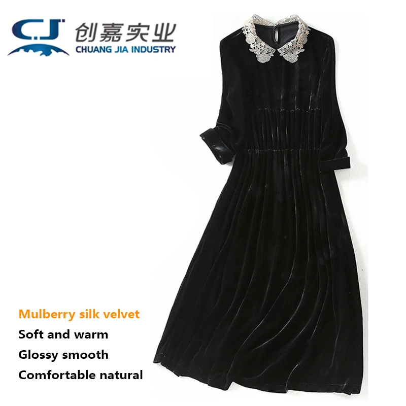 Silk Velvet Dress for Ladies - Elegant Dress with Lace Trim, High-end and Luxurious, Smooth, Bright, Soft and Skin-friendly.